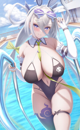 1girls blush breasts cleavage fake_animal_ears fate/grand_order fate_(series) female female_only hairband highleg huge_breasts huyan_zhuo_(fate) huyan_zhuo_(swimsuit_berserker)_(fate) large_breasts light-skinned_female long_hair masatoki navel one-piece_swimsuit plunging_neckline purple_eyes silver_hair smile solo swimsuit