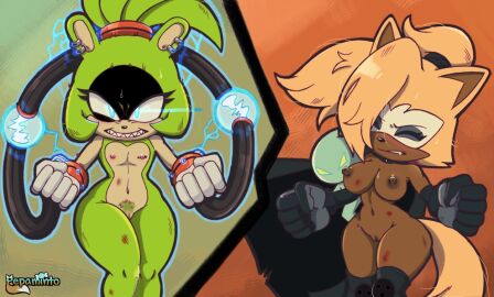 2girls anthro blonde_hair blush boots bracelet brown_body brown_fur brown_hair brown_nipples canine cloak cloak_only closed_eyes clothing completely_nude ear_piercing electricity female female_pubic_hair fighting fighting_pose fighting_stance fur gloves green_fur hair handjob_gesture hips idw_comics idw_publishing looking_at_viewer mammal mobian_(species) mostly_nude multicolored_body multicolored_fur navel nipples nude nude_female pepamintop piercing piercings ponytail pussy sega sonic_(series) sonic_the_hedgehog_(comics) sonic_the_hedgehog_(idw) sonic_the_hedgehog_(series) standing stomach surge_the_tenrec sweat thick_thighs thighs tied_hair tummy two-tone_body two-tone_fur whisper_the_wolf wolf wolf_ears