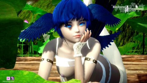 3d blue_eyes blue_hair breasts female final_fantasy_xiv harpy harpy_humanoid lingerie meteion riaykuras_playground square_enix tits wings_on_head