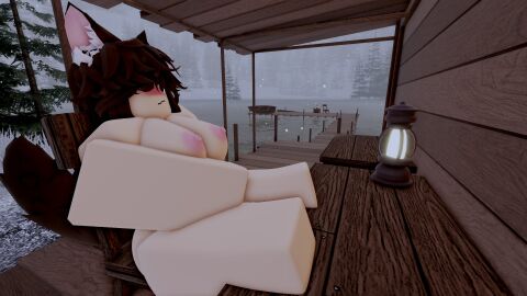 1girls 3d 3d_(artwork) animal_ears areolae barefoot big_breasts blush breasts brown_hair chair cold completely_nude female female_only full_body long_hair masturbation naked naked_female nipples nude nude_female one_eye_closed roblox robloxian sitting sitting_on_chair snow solo solo_female tail that_rel