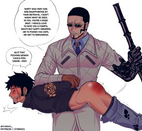 2boys ass bamboo black_hair blood_on_face clenched_teeth closed_eyes clothes_pull crying defeat denim earrings english_text facial_hair gay gloves goatee holding jeans jewelry long_sleeves male male_focus male_only multiple_boys multiple_males one_piece over_the_knee_spanking pants pants_pull punk_hazard short_hair simple_background sitting spanked spanking speech_bubble starmiu teeth text trafalgar_law trembling vergo white_background yaoi