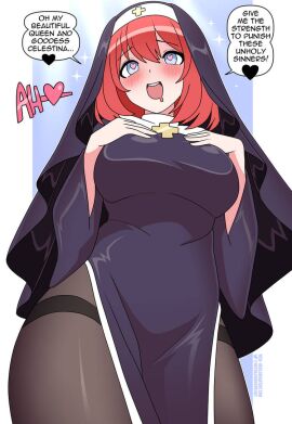 blue_eyes breasts dialogue female heart-shaped_pupils horny large_breasts nicolasgravelqc nun nun_outfit original original_character red_hair sister_alice_(nicolasgravelqc) text wide_hips