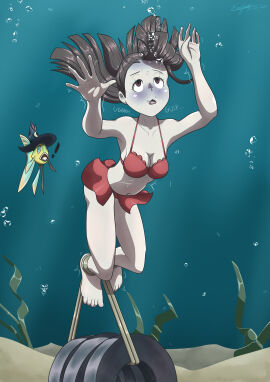 ! 2girls air_bubbles akko_kagari alternate_species ankles_tied asphyxiation barefoot bikini blue_face bondage breasts bubbles cleavage clothed_female drowned drowning evan_harrey eyes_rolling_back feet female female_only fish human imminent_death little_witch_academia marine medium_breasts navel ocean peril red_bikini red_swimsuit sea sucy_manbavaran swimsuit tied_legs turning_blue twitching underwater underwater_view water what witch witch_hat