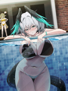 2025 2girls against_glass alternate_costume anger_vein aqua_bikini aqua_feathers aqua_wings arknights bikini black_bikini blush breast_press breasts breasts_on_glass cleavage collarbone cowboy_shot female grey_hair hair_between_eyes head_wings hi_res ho'olheyak_(arknights) huge_breasts long_tail looking_at_viewer muelsyse_(arknights) multicolored_bikini multiple_females multiple_girls navel orange_bikini parted_lips partially_submerged partially_underwater_shot pool sideboob snake_tail stomach sviggum swimsuit tail thighs two-tone_bikini two-tone_feathers two-tone_wings underboob underwater wet wings