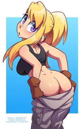 1girls ass big_breasts blonde_hair breasts ear_piercing earring earrings female fullmetal_alchemist gloves human inconvenient_ass inconvenient_butt long_hair looking_at_viewer looking_back looking_back_at_viewer open_mouth pants pants_down pierced_ears piercing piercings ponytail purple_eyes putting_on_pants solo solo_female struggling_to_fit tanktop the_other_half tight_fit undressing undressing_self winry_rockbell