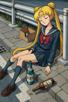 ai_generated alcohol clothes gold_hair gpt sailor_moon sleeping