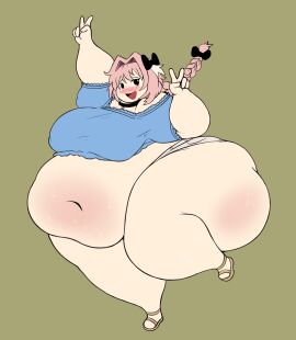 1femboy ass astolfo_(fate) bbm big_belly bigladiesidk blush bottom_heavy braided_ponytail collar crop_top fat fate_(series) femboy huge_ass male morbidly_obese obese overweight overweight_femboy overweight_male peace_sign ribbon short_shorts skimpy_clothes thick_thighs