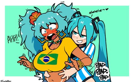 2girls argentina argentinian_miku blue_eyes blue_hair blushing brazil brazilian_miku cartoony constricted_pupils dialogue earrings female flower_in_hair grabbing_from_behind grabbing_waist hatsune_miku implied_sex latin_american_hatsune_miku_(meme) long_pigtails lucche motion_lines necklace no_genitals_shown open_mouth plap simple_background smiling suprised tagme tan_body tan_skin tanline tanlines tanned visible_teeth yuri