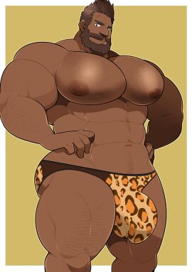 1boy bara big_bulge daddy dark-skinned_male dark_skin huge_bulge huge_chest male muscular muscular_chest muscular_male solo_male takezamurai yaoi