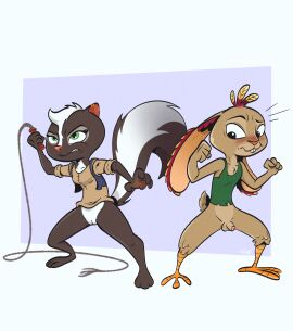 anthro avian balls bird blush bottomless breasts breath chicken chickenhare chickenhare_and_the_hamster_of_darkness clothed clothing dslimart duo feathers female galliform gallus_(genus) genitals hi_res hybrid lagomorph leporid male male/female mammal meg_(chickenhare) mephitid n_wave_pictures netflix penis phasianid pose pussy rabbit skunk tail topwear vulva whip_mark