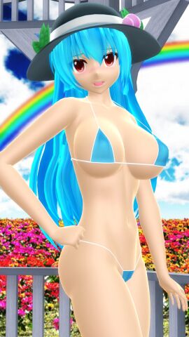 1girls 2025 3d angel belly_button bikini blue-haired_female blue_bikini blush breasts cleavage clouds female flower garden hat hati_yukkuri_mmd headwear hips light-skinned_female light_blue_hair light_skin long-haired_female looking_at_viewer midriff mmd open_mouth outdoors peach_(fruit) rainbow red-eyed_female shy sideboob skimpy_bikini sky solo_female solo_focus swimsuit tenshi_hinanawi touhou waist
