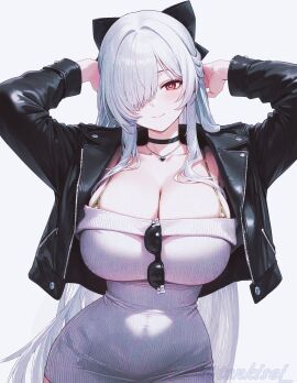 1girls black_choker black_jacket blush bra_strap breasts choker cinderella_(beautiful_me)_(nikke) cinderella_(nikke) cleavage covered_navel eyewear_removed female goddess_of_victory:_nikke hair_over_one_eye huge_breasts jewelry large_breasts leather_jacket long_hair looking_at_viewer open_clothes open_jacket red_eyes smile sunglasses sweater_dress tenkisei white_hair