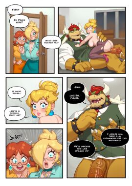 1boy 2024 3girls alternate_costume aroused bimbo blonde_hair blue_eyes bowser breasts breasts_out comic comic_page curvaceous english_text exposed female few_freckles freckles freckles_on_face high_heels himbo human interspecies larger_male larger_male_smaller_female male male/female mario_(series) multiple_females multiple_girls nintendo office office_clothing office_lady penis princess_daisy princess_peach princess_rosalina riding_penis rizdraws scalie scalie_humanoid size_difference smaller_female straight suprised_look surprised teratophilia text underwear