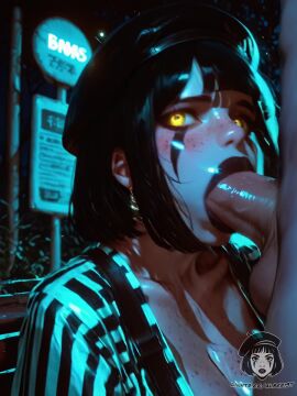 1boy 1girls ai_generated ai_video alberist beret black_hat black_lipstick blunt_bangs blush bob_cut body_freckles bouncing_breasts breasts_out cleavage close-up cum_in_mouth face_paint fellatio freckles glowing_eyes huge_breasts huge_cock large_breasts large_penis mime nipples original_character outdoors pov shiny_skin solo_focus straight striped_shirt suspenders tagme video yellow_eyes