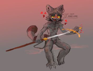anthro blush bodily_fluids compliment cuntboy dialogue domestic_cat excalibur_(sword) featureless_chest feet felid feline felis fur genital_fluids genitals gradient_background grey_background grey_body grey_fur hair half-closed_eyes heart_eyes heart_symbol holding_object holding_weapon intersex looking_down mammal markings melee_weapon narrowed_eyes nude objectophilia open_mouth paws pink_background pussy short_hair simple_background sitting solo solo_focus speech_bubble spread_toes striped_markings striped_tail stripes sweat sword tail tail_markings talking_to_another text toes unsheathing unsheathing_sword vaginal_fluids weapon worm_(artist) yellow_sclera
