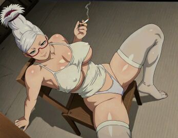 2d abs ai_generated ayase_seiko big_breasts cleavage dandadan gilf red_eyes smoking underboob white_hair