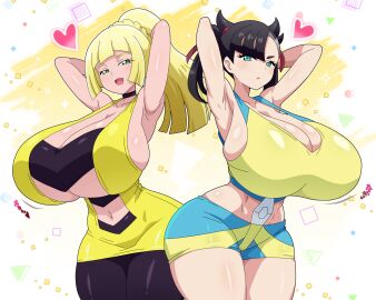 2girls aged_up armpits big_breasts black_hair blonde_hair breasts cosplay elesa_(pokemon)_(cosplay) female female_only game_freak hitokiwa_kenchin huge_breasts light-skinned_female light_skin lillie_(pokemon) long_hair marnie_(pokemon) nintendo pokemon pokemon_sm pokemon_swsh short_hair