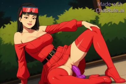 1girls ai_generated bare_shoulders belt blunt_bangs breasts bush cleavage collarbone detached_sleeves dildo dildo_riding dress female full_body huge_dildo imminent_penetration jubilee lipstick long_sleeves looking_at_viewer makeup medium_breasts night no_panties off-shoulder_dress outdoors pleated_dress pussy sex_toy shoes smile solo spread_legs strapless strapless_dress tagme thighhighs video x-men