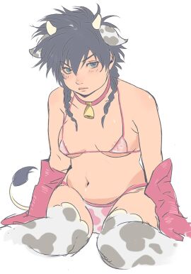 adapted_costume areola_slip bikini black_hair blue_eyes braided_hair braids breasts canon_genderswap collar cow_ears cow_girl cow_horns cow_print cow_print_bikini cow_print_thighhighs cow_tail cowbell female female_only genderswap genderswap_(mtf) gintama gloves hijikata_tenko hijikata_toshiro looking_at_viewer micro_bikini nipples_visible_through_clothing overweight overweight_female plump rule_63 sapomu4 see-through_clothing sitting slightly_chubby small_breasts solo thighhighs twin_braids wariza