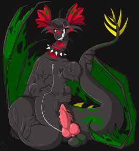 2020 animal_genitalia animal_penis animate_inanimate anthro apode balls barbed_canine_penis biped black_background black_body body_outline canine_genitalia canine_penis collar draconcopode dragon duo ear_frill erection eyebrows frill_(anatomy) fuf genitals grin hi_res hybrid_genitalia hybrid_penis knot legless living_clothing male mammal membrane_(anatomy) membranous_frill membranous_wings mythological_creature mythological_scalie mythology nude penile_spines penis red_sclera scalie serpentine sharp_teeth simple_background smile species_transformation spiked_collar spikes teeth transformation vore winged_arms wings