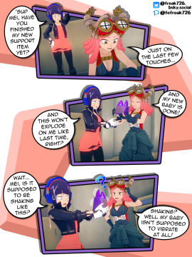 3d boku_no_hero_academia breasts color colored comic english english_dialogue english_text face_paint fefreak726 female female_focus female_human goggles goggles_on_forehead goggles_on_head hair hatsume_mei hi_res human imminent_explosion jirou_kyouka kyoka_jiro mei_hatsume my_hero_academia nervous pink-haired_female pink_hair purple-haired_female purple_eyes purple_hair yellow_eyes