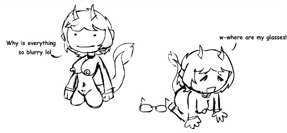 artist_request breasts collar confused_face crouching crouching_female demon demon_girl demon_horns demon_tail dialogue edit female friday_night_funkin friday_night_funkin_mod glasses goat_legs imp kari_(monster_madness_mayhem) nude nude_female pussy request short_hair sketch tagme vagina