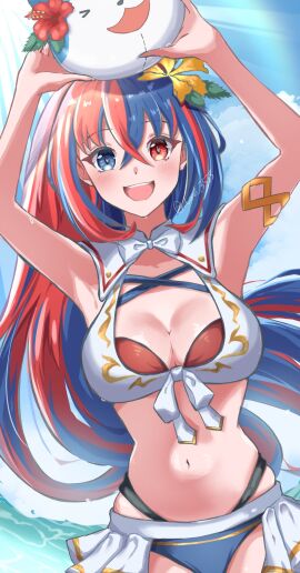 1girls alear_(female)_(seaside_dragon)_(fire_emblem) alear_(fire_emblem) alear_(fire_emblem)_(female) arms_up ball_(object) bikini blue_bikini blue_eyes blue_hair blue_sky bow bowtie breasts cleavage coral coral_3535 criss-cross_halter crossed_bangs female female_only fire_emblem fire_emblem_engage fire_emblem_heroes flower front-tie_bikini_top front-tie_top gold_armlet hair_flower hair_ornament halterneck heterochromia high_ponytail highres holding holding_ball large_breasts long_hair looking_at_viewer multicolored_bikini multicolored_clothes multicolored_hair nintendo ocean official_alternate_costume official_alternate_hairstyle open_mouth ponytail red_bikini red_eyes red_hair sky solo sommie_(fire_emblem) split-color_hair swimsuit two-tone_hair white_bikini white_bow white_bowtie yellow_flower