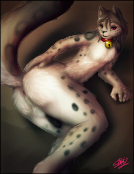 animal_ears ass bell bell_collar collar female furry jingle_bell letterboxed monster_girl nude pillarboxed red_eyes signature solo tail