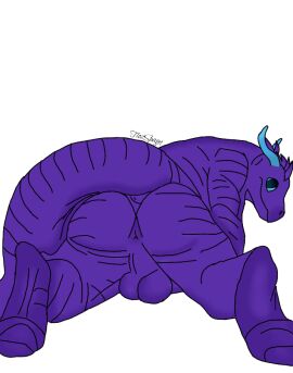 anthro ass balls dragon genitals humanoid looking_at_viewer male mythological_creature mythological_scalie mythology nude scalie simple_background smile solo tail tlozspaget