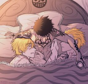 3boys after_sex arm_tattoo bed bite_mark bite_mark_on_chest bite_mark_on_shoulder black_hair blonde_hair brother brothers chest_tattoo donquixote_doflamingo donquixote_pirates_jolly_roger donquixote_rosinante facial_hair gay goatee hand_tattoo heart heart_tattoo height_difference hickey holding incest male male_focus male_only multiple_boys multiple_males navel nipple_piercing nipples nude one_piece piercing pillow short_hair shoulder_tattoo siblings size_difference sleeping starmiu tattoo threesome trafalgar_law yaoi