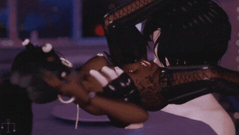 3d animated black_hair blurry_foreground boots breasts cunnilingus dark-skinned_female dark_skin female fishnets fluorescent_bodypaint glasses horn horns horny horny_female jewelry libura_nyan_vrc nipple_piercing nipples oral_sex piercing pussy pussy_licking straight tattoo vr_media vrchat