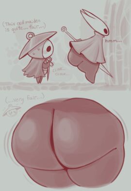 1boy1girl anthro arthropod ass big_butt blush bodily_fluids bottom_heavy bottomless clinking cloak clothed clothing cymbals digital_drawing_(artwork) digital_media_(artwork) duo female female/female hollow_knight hollow_knight:_silksong hollow_knight_(franchise) hornet_(hollow_knight) insects looking_at_ass male monochrome musical_instrument nail_(weapon) oblivious percussion_instrument sewing_needle sherma_(hollow_knight) simple_background size_difference sweat team_cherry zlut385