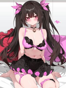 1girls 3:4 animated barefoot bell belt black_belt black_bow black_choker black_hair black_skirt blinking blush bow bow_bra bra breasts censored choker closed_mouth collarbone embarrassed female flower_tattoo gif hair_between_eyes hair_intakes hair_ornament honkai:_star_rail honkai_(series) indoors jingle_bell large_breasts live2d long_hair looking_at_viewer mosaic_censoring navel neck_bell no_shirt on_bed pillow pink_bow pink_bra pink_eyes pink_nails pussy sitting skirt solo sparkle_(honkai:_star_rail) tattoo thighs twintails underwear undressed undressing vertical_video waterring