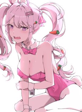 1girls alice_(nikke) alice_(wonderland_bunny)_(nikke) breasts bunny_ears bunnysuit cleavage female female_only goddess_of_victory:_nikke nervous on_floor open_mouth pink_eyes sitting twintails white_background white_hair