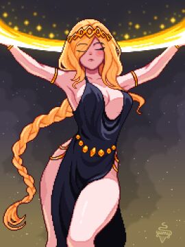 1girls absurdres alternate_hairstyle armlet armpits artist_name ass big_ass big_breasts black_dress blonde_hair bracelet braid breasts closed_eyes deity dress elden_ring female female_only fromsoftware goddess highres jewelry long_hair pixel_art queen_marika_the_eternal side_slit single_braid solo solo_female thick_thighs very_long_hair yumykon