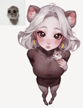 1girls big_breasts black_eyes blush breasts cute earrings female female_only light-skinned_female light_skin long_hair looking_at_viewer mouse mouse_ears mouse_girl pantyhose reference_image sasha_khmel solo solo_female sweater viewed_from_above white_background white_hair