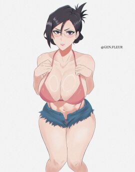 1girls alternate_costume big_breasts black_hair bleach breasts female female_only genfleur0108 glasses huge_breasts ise_nanao large_breasts looking_at_viewer navel