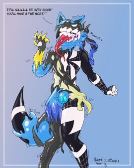 2024 clothing corruption dialogue forced_transformation generation_4_pokemon goo_creature goo_transformation hi_res latex latex_clothing latex_skinsuit lucario male male_only nintendo null_bulge orgasm_denial pokemon pokemon_(species) resisting riggedreded skinsuit struggling symbiote tendrils tight_clothing transformation