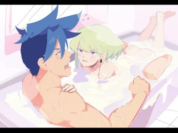 2boys androgynous ass ass_focus bathing bathing_together bathtub bedroom_eyes blush bob_cut embarrassed femboy galo_thymos gay half-closed_eyes lio_fotia male nervous promare seductive seductive_look short_hair size_difference suggestive_look sweat sweating taking_a_bath twink yaoi