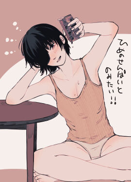1girls 2024 alternate_outfit armpits barefoot beer beer_can blush chainsaw_man cleavage coffee_table eye_patch female full_body himeno_(chainsaw_man) japanese_text legs_crossed looking_at_viewer loungewear short_hair smiling smiling_at_viewer solo solo_focus sweating thighs toukaairab underwear underwear_only