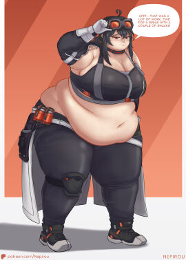 1girls bbw belly belly_button belobog_heavy_industries big_belly black-haired_female black_hair breasts chubby chubby_female exposed_fat_belly fat fat_female female female_focus female_only goggles goggles_on_forehead grace_howard hoyoverse light-skinned_female light_skin mihoyo mihoyo_technology_(shanghai)_co._ltd. nepirou orange-eyed_female orange_eyes overweight overweight_female solo solo_female solo_focus standing thick_legs thick_thighs zenless_zone_zero