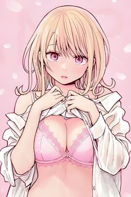 blush cleavage kawai_mona kuroiwa_medaka_ni_watashi_no_kawaii_ga_tsuujinai lingerie short_hair squeezing_breast stripping undressing