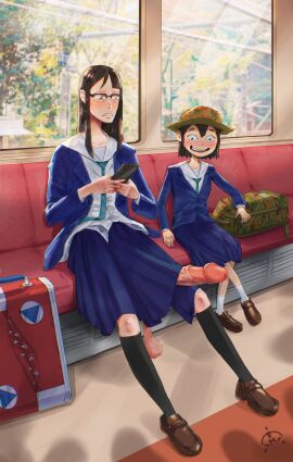 1futa 1girls asakusa_midori balls clothed clothing eizouken_ni_wa_te_wo_dasu_na! female futanari glasses intersex kanamori_sayaka low_hanging_balls menacing_eyes_(artist) penis penis_under_clothes penis_under_skirt sagging_balls school_uniform train_interior