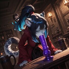 ai_generated animated clothed deepthroat dildo dildo_in_mouth exhibitionism furry petite public robes saliva small_breasts snow_leopard tagme tavern video