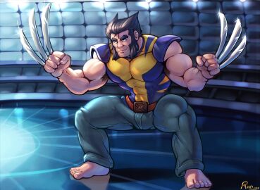 abs armpit_hair bara beard bulge claws clothing flaccid logan_(x-men) male male_nipples male_only marvel marvel_comics muscular muscular_male nipples pecs penis penis_outline rho_art solo solo_male tight_clothing wolverine_(x-men) x-men yaoi