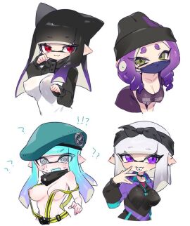 4girls bangs beanie black_hair blue_hair blunt_bangs breasts cat_ears cleavage covered_nipples embarrassed female female_only green_eyes inkling inkling_girl long_hair mask multiple_females multiple_girls navel nintendo octoling octoling_girl octopus purple_eyes purple_hair red_eyes short_hair smug smug_face splatoon splatoon_(series) splatoon_oc vaz_999 white_hair