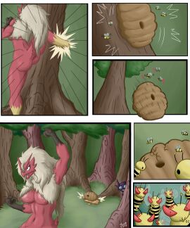 absurd_res ambiguous_gender angry anthro arthropod ass beak bee beehive big_ass big_breasts big_butt blaziken breasts comic digital_media_(artwork) feathers female feral food generation_3_pokemon grass group hi_res honey_(food) hymenopteran insects kick nintendo nipples nude othoxon plant pokemon pokemon_(species) red_body red_feathers sableye semi-anthro solo_focus tail tail_feathers tree