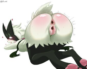 all_fours anthro anus ass ass_up bitumi blush female gaping gaping_anus gaping_pussy generation_9_pokemon genitals heart_symbol meowscarada nintendo pawpads pokemon pokemon_(species) pussy shocked simple_background solo solo_focus tail white_background