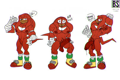 anthro arm_wraps armpit_hair bacon_sama balls big_balls big_muscles big_pecs blush bodily_fluids body_hair chin_tuft confident dark_body dark_skin dripping echidna facial_tuft flexing flexing_bicep gay gay_male genital_fluids genitals half-erect hand_behind_head hi_res huge_balls inviting_to_sex knuckles_the_echidna male mammal monotreme muscles muscular muscular_male nervous pecs penis precum precum_drip pubes sega solo sonic_(series) sonic_the_hedgehog_(series) speech_bubble sweat sweatdrop tongue tongue_out tuft vein veiny_muscles wraps yaoi