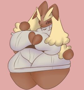 2d absurd_res ameliemercedez animal_humanoid big_breasts blush breasts cleavage_cutout clothing cutout female fur fur_breasts fur_thick_thighs furry generation_4_pokemon hi_res huge_breasts lagomorph leporid long_ears lopunny nintendo overweight pokemon pokemon_(species) rabbit red_eyes solo sweater topwear